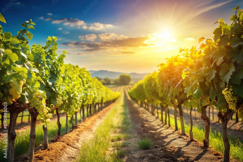 Naklejka premium Sunny grape field with selective focus in long shot