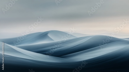Snow covered mountains under soft light at dawn in a serene winter landscape