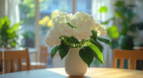 White flowers in a vase on a wooden table surrounded by greenery indoors photo