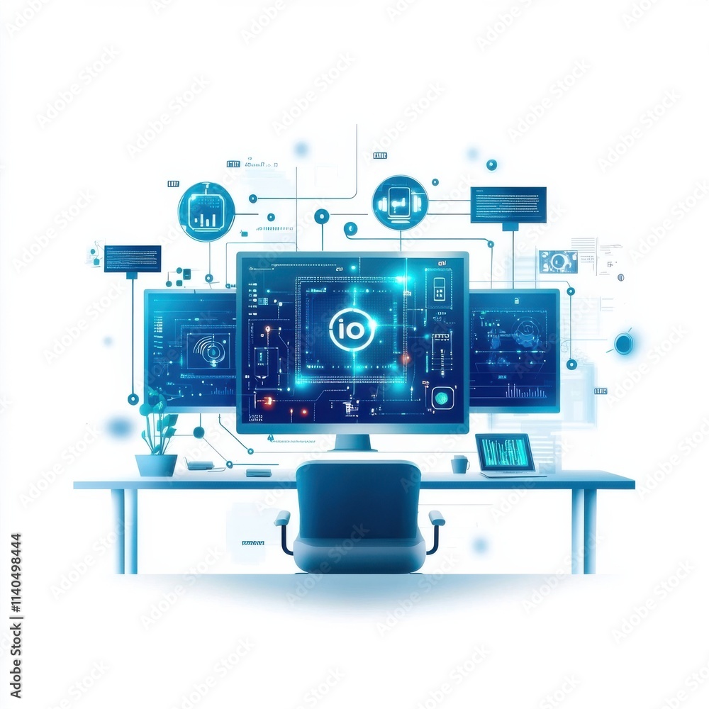 Futuristic Digital Workspace with Multiple Monitors and Data Visualization Elements for Technology and Innovation Concepts Futuristic Digital Workspace with Multiple Monitors and Data Visualization Elements for Technology and Innovation Concepts