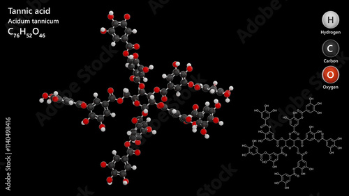 Molecule: Tannic Acid. Molecular structure. Formula: C76H52O46. Chemical model: Ball and stick. Black background. 3D illustration. photo