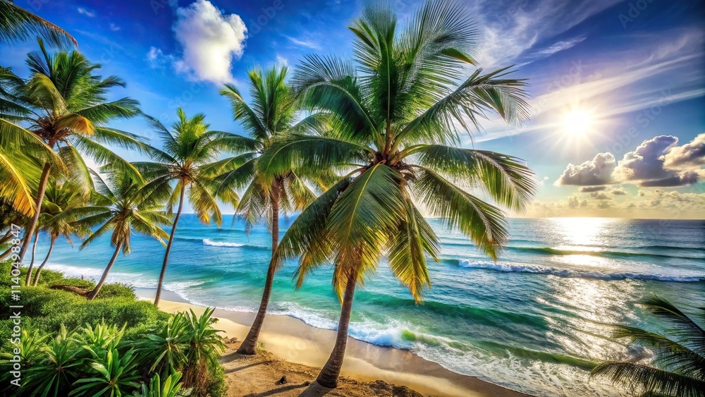 Obraz premium Sunny summer day by the beach with palm trees and ocean views