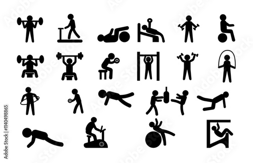 fitness exercise icons sport workout fitness pictograms people doing yoga exercising gym