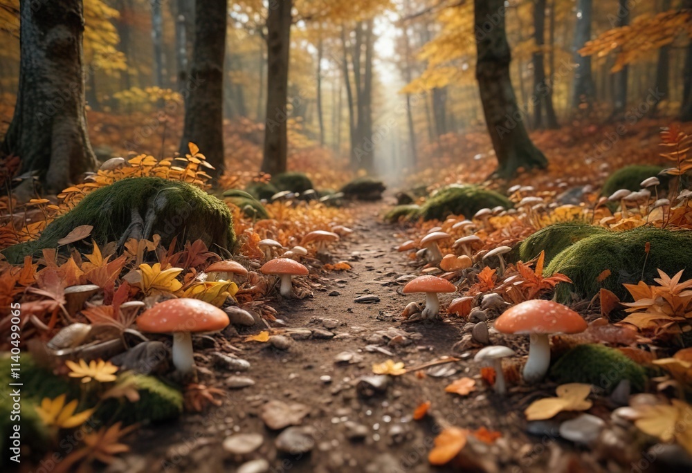 Autumn forest floor with fallen leaves and mushrooms, foliage, forest Autumn forest floor with fallen leaves and mushrooms, foliage, forest
