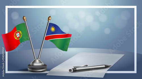 Portugal and Namibia National flags on small table with bokeh background, cooperative relationship