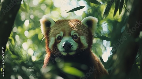 Red panda resting among lush green foliage in a serene forest environment
