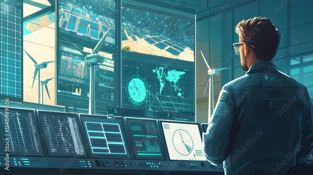 Scientist Monitoring Renewable Energy Systems with Advanced Technologies in a Control Room Environment Scientist Monitoring Renewable Energy Systems with Advanced Technologies in a Control Room Environment
