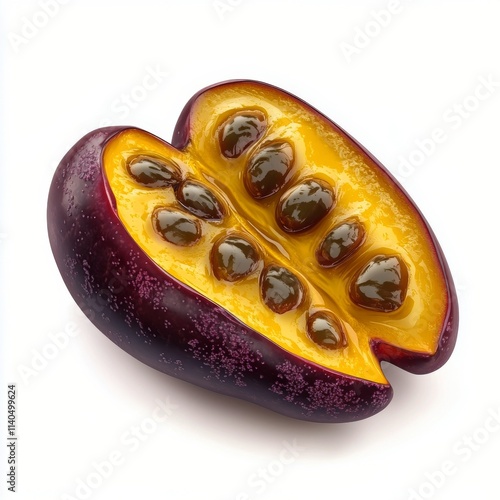 Colorful tropical fruit cut in half revealing yellow pulp and seeds alongside...