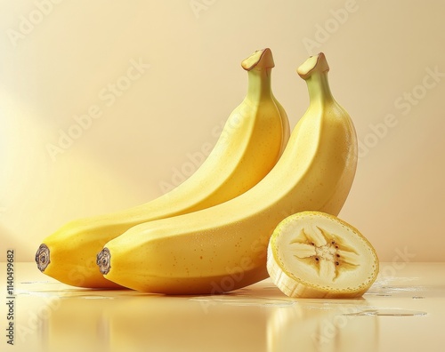 Fresh yellow bananas arranged with a sliced piece on a light background in br...