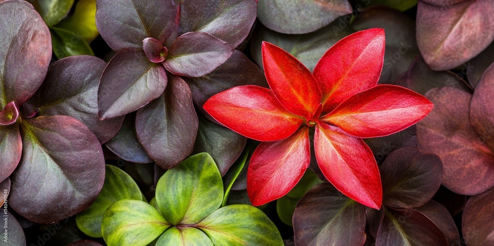 Obraz premium A vibrant arrangement of various plants with a striking red leaf among darker foliage.