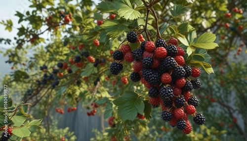 Blackberry bush with ripe berries hanging from branches, lush foliage, berries, summer fruit