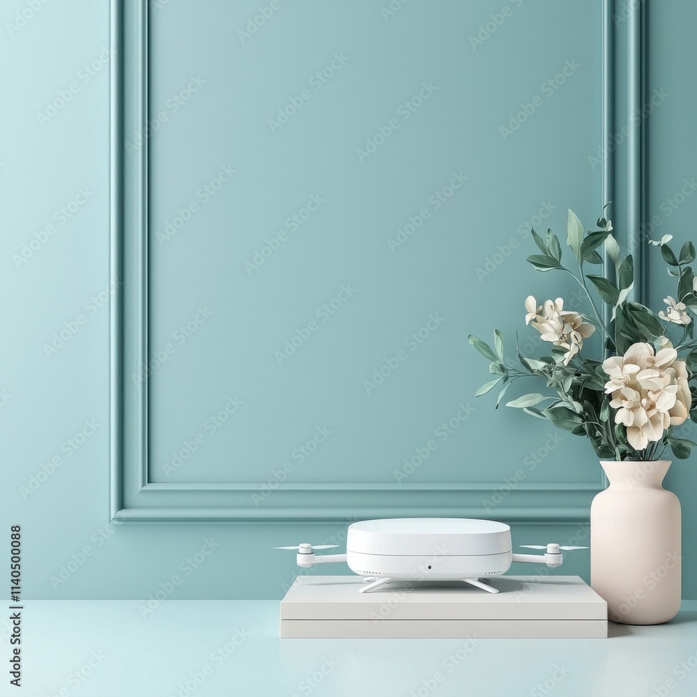 Aesthetic Modern Interior Design with Minimalist Vase of Flowers, Decorative Tray, and Stylish Electronics on a Soft Teal Background Aesthetic Modern Interior Design with Minimalist Vase of Flowers, Decorative Tray, and Stylish Electronics on a Soft Teal Background