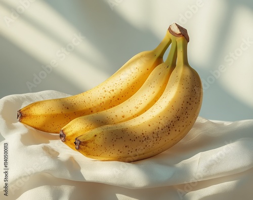 Fresh yellow bananas arranged with a sliced piece on a light background in br...