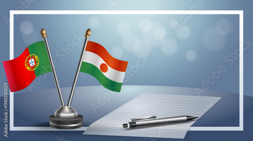 Portugal and Niger National flags on small table with bokeh background, cooperative relationship