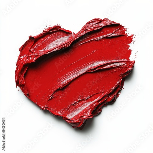 Bright red heart shaped art piece made of textured paint on white background