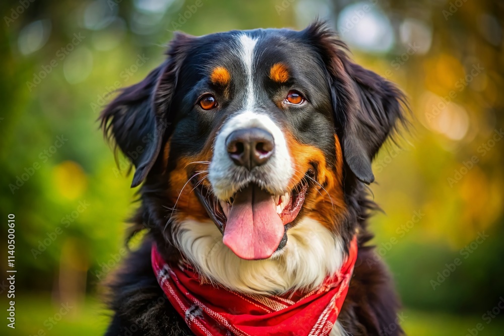 Macro Bernese Mountain Dog Red Bandana Photography - Closeup Puppy Dog Panting Macro Bernese Mountain Dog Red Bandana Photography - Closeup Puppy Dog Panting
