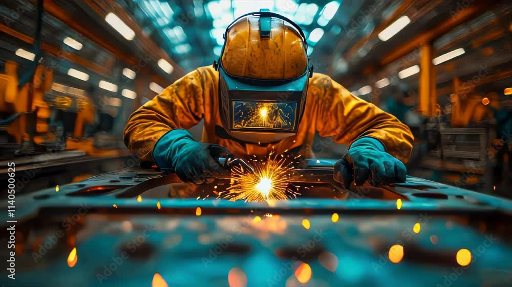 Professional welder in protective gear sparks flames while welding a large metal frame in an industrial workshop Professional welder in protective gear sparks flames while welding a large metal frame in an industrial workshop