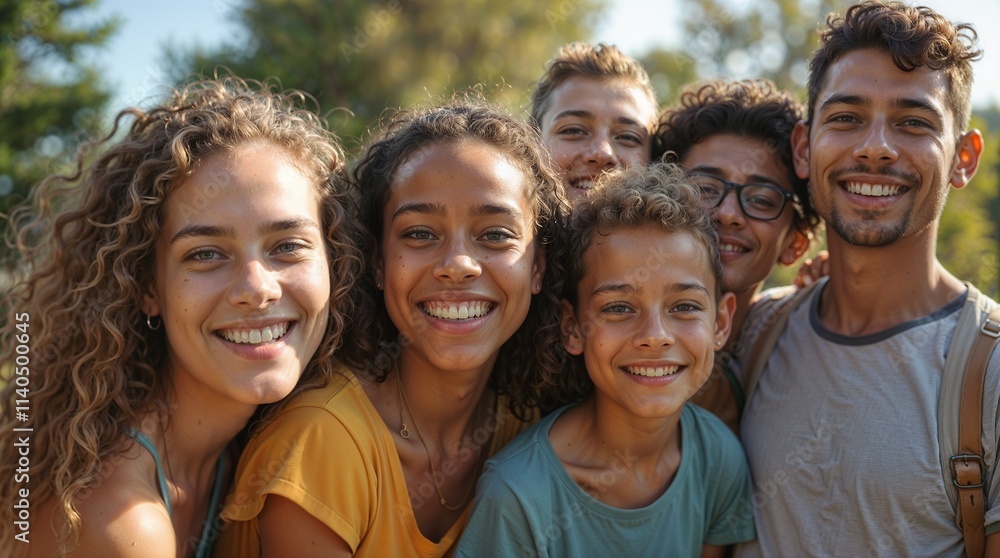 Obraz premium Group of multiethnic young people having fun outdoors and smiling at the camera