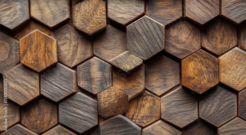 Decorative hexagonal wooden tiles arranged in a modern pattern for interior d...