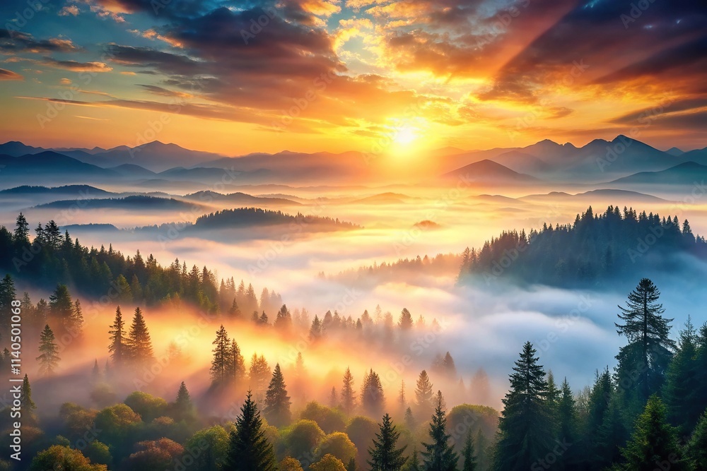 Obraz premium Sunrise scene with misty forest, distant mountains, and watercolor style sky