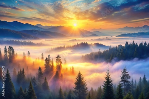 Sunrise scene with misty forest, distant mountains, and sunrise sky in watercolor style