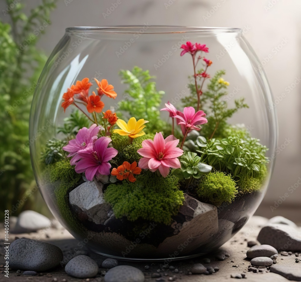 Freeisa flowers in a glass terrarium with moss and pebbles, moss and pebbles, freeisa flowers, glass terrarium Freeisa flowers in a glass terrarium with moss and pebbles, moss and pebbles, freeisa flowers, glass terrarium
