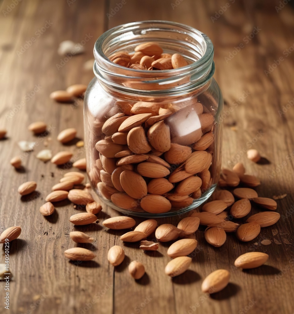 A broken almond jar on a wooden table with spilled almonds , broken, spill, wood A broken almond jar on a wooden table with spilled almonds , broken, spill, wood