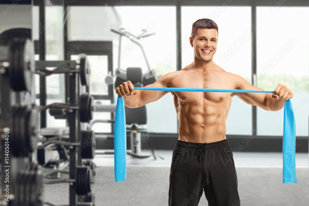 Shitless fit man exercising with a rubber band Shitless fit man exercising with a rubber band