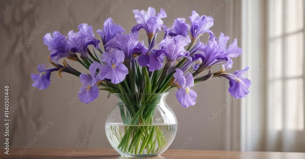 Fresh lilac irises in a decorative glass vase , premium, glass vase, decorative Fresh lilac irises in a decorative glass vase , premium, glass vase, decorative