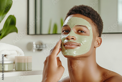 Junger Mann trägt Gesichtsmaske im modernen Badezimmer auf