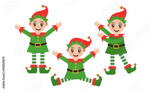 Christmas set.Happy elves smiling in elf Christmas costume vector illustration.