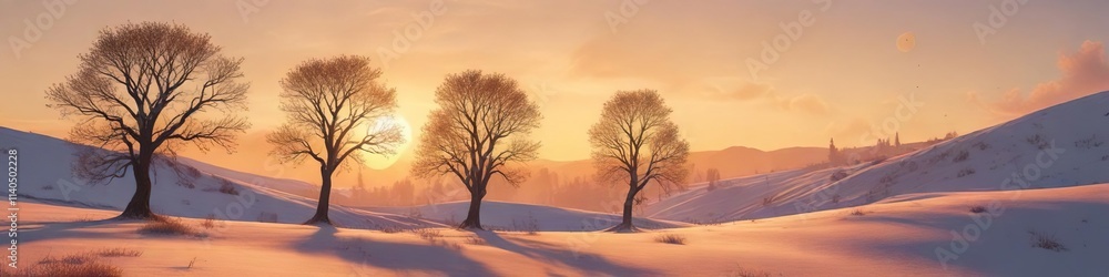 Frozen hills and trees under a pale orange sky with long shadows cast by the sun and moon , frozen hills, wintry atmosphere Frozen hills and trees under a pale orange sky with long shadows cast by the sun and moon , frozen hills, wintry atmosphere