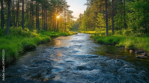 Tranquil forest with a winding stream reflecting sunlight in a lush green lan...