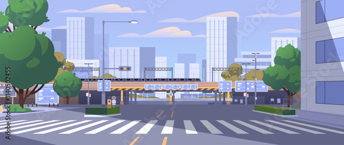 Modern business center cityscape with highway road, skyscraper and railway bridge. Pedestrian crossing vector background illustration