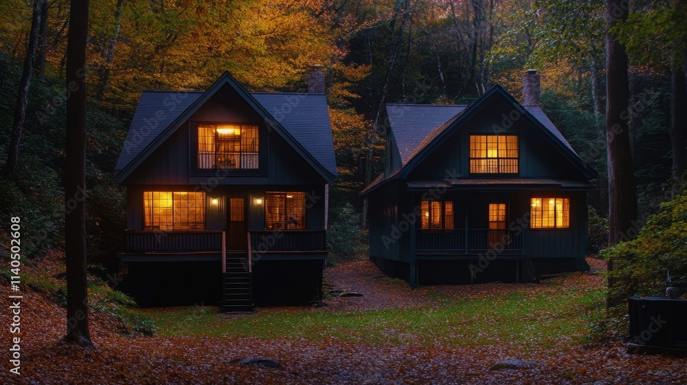 Two cozy cabins illuminated in a serene autumn forest setting. Two cozy cabins illuminated in a serene autumn forest setting.