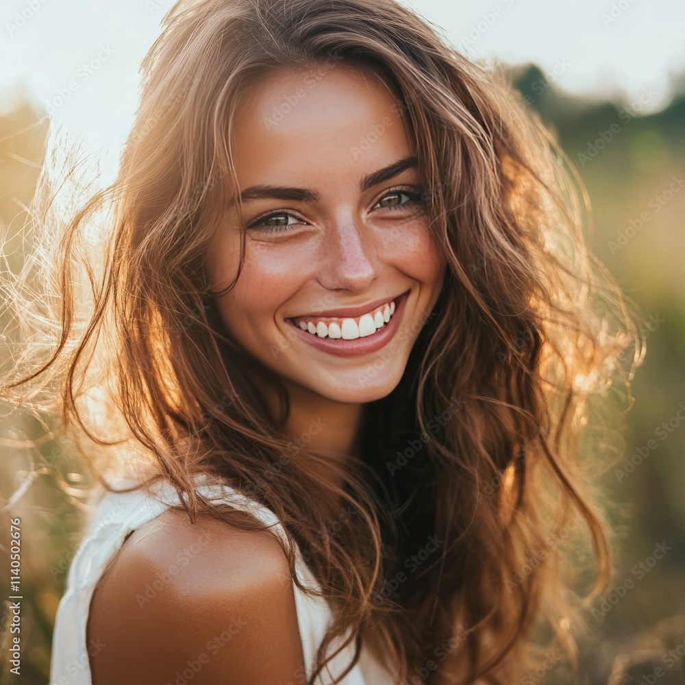 Photo radiates joy with a woman's radiant smile. Photo radiates joy with a woman's radiant smile.