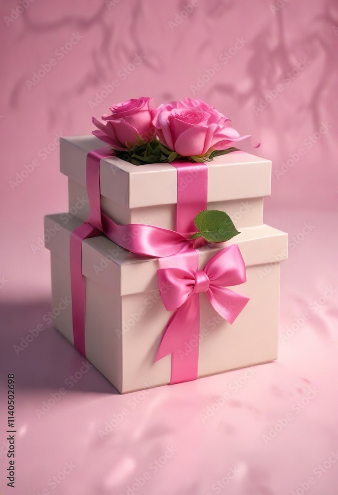 Obraz premium Gift box with pink ribbon and a small rose flower inside, presentation, , packaging