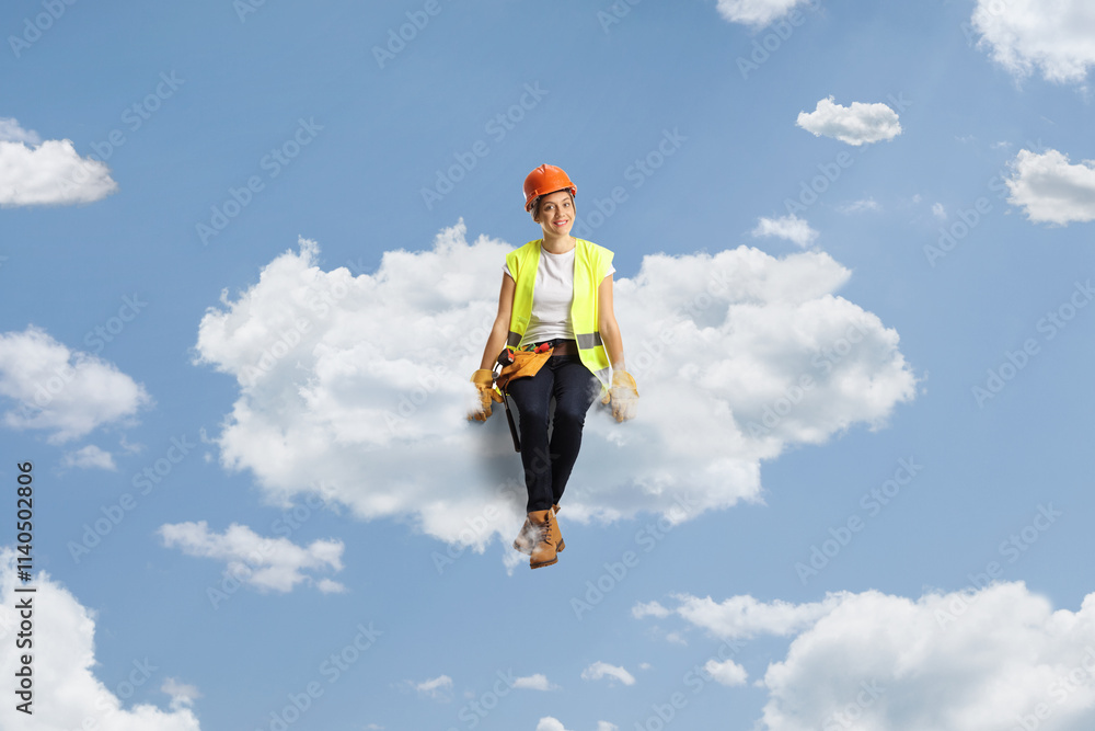 Female construction worker sitting on a cloud Female construction worker sitting on a cloud
