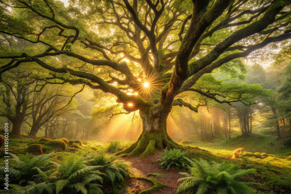 serene forest glade at dawn, featuring massive ancient tree with sunlight streaming through its branches, creating magical atmosphere. lush greenery and soft light evoke tranquility serene forest glade at dawn, featuring massive ancient tree with sunlight streaming through its branches, creating magical atmosphere. lush greenery and soft light evoke tranquility