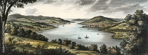 An engraving of the view from high above Fowey Bay in Cornwall, set against an English landscape with trees and hills.
