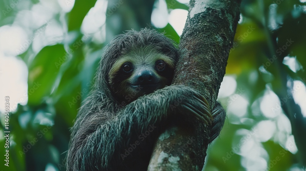 Fototapeta premium Sloth resting on a tree branch in a lush rainforest environment during daytime