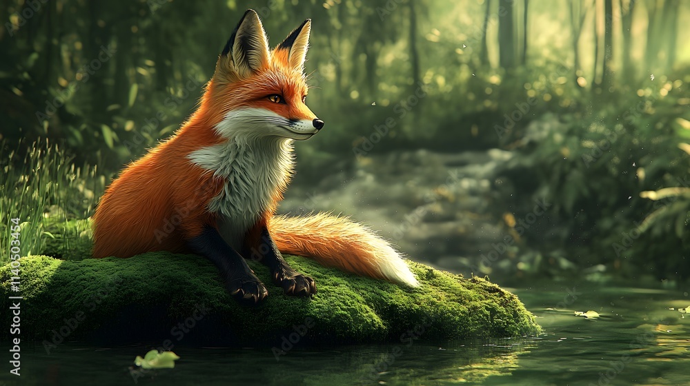 Obraz premium A beautiful red fox rests on a moss-covered rock by a serene forest stream.