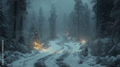 Snowy forest path illuminated by soft lights during a cold evening