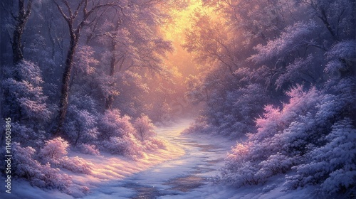 Snowy forest path illuminated by soft lights during a cold evening