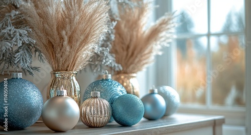 Decorative holiday ornaments and floral arrangements in light filled indoor s...
