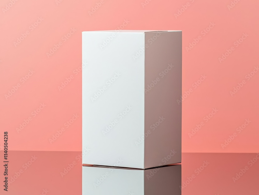 Blank cereal box standing upright on a reflective surface, a sleek and modern presentation for branding and design ideas Blank cereal box standing upright on a reflective surface, a sleek and modern presentation for branding and design ideas