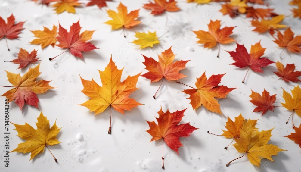 Colorful maple leaves scattered on a snowy white background, maple trees, outdoor scenery Colorful maple leaves scattered on a snowy white background, maple trees, outdoor scenery