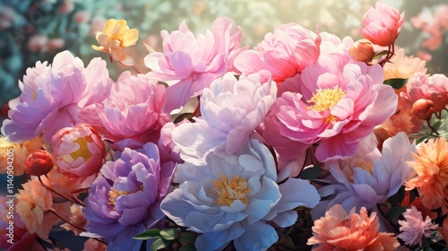 Wallpaper Mural Vibrant Pink, Purple, and Peach Peonies Blooming in Sunlight Torontodigital.ca