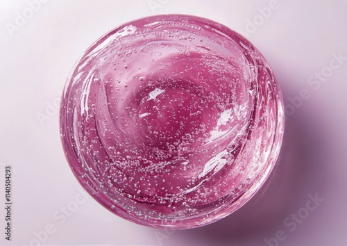 Bright pink gel in a glass container with bubbles on a light surface