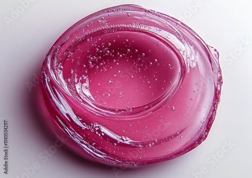 Bright pink gel in a glass container with bubbles on a light surface